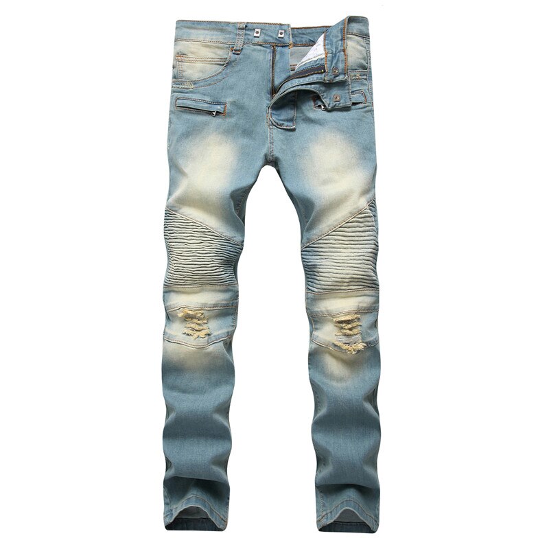 Hi-Street Mens Ripped Rider Biker Men Jeans Retro Motorcycle Slim Fit Washed Blue Moto Holes Punk Denim Skinny Pants Plus Size: 31