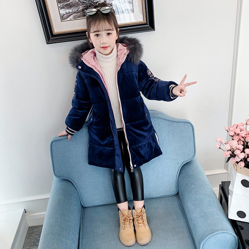 High Grade Girls Embroidery Long Jacket Coat Fur Hoodies Kids Princess Royal Sapphire Flower Embroidery Coat for Winter: 11