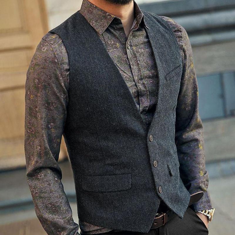 Men's Gray Herringbone Tweed Dress Vest Retro Vintage Gentleman Waistcoat Men Formal Business Sleeveless Vests Male Gilet 3XL