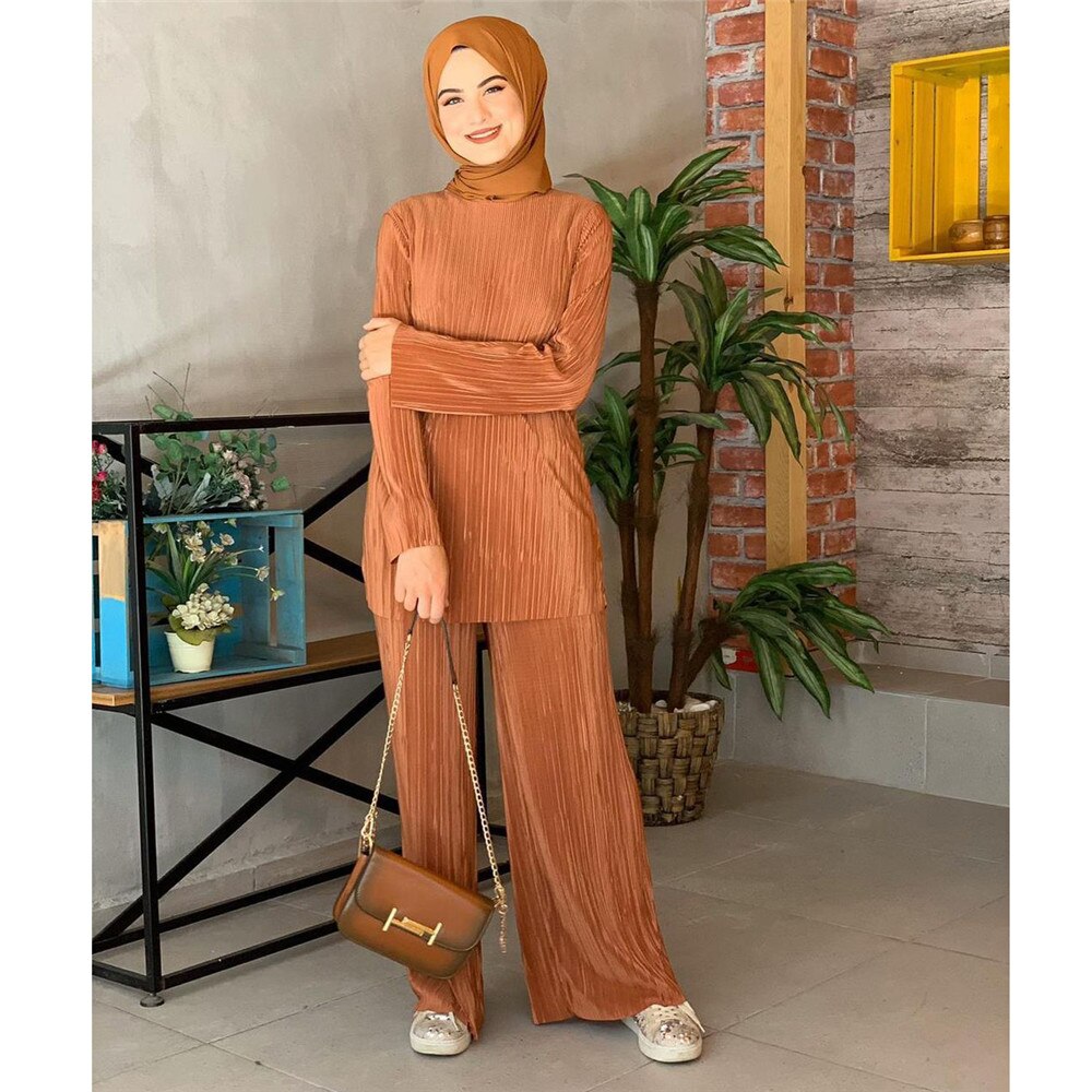 Ensemble 2 pièces pour femmes musulmanes, manches longues plissées, hauts, jambes larges, pantalons, costume, dubaï, Abaya, Kaftan turc, robe Eid Mubarak: Light Brown / L