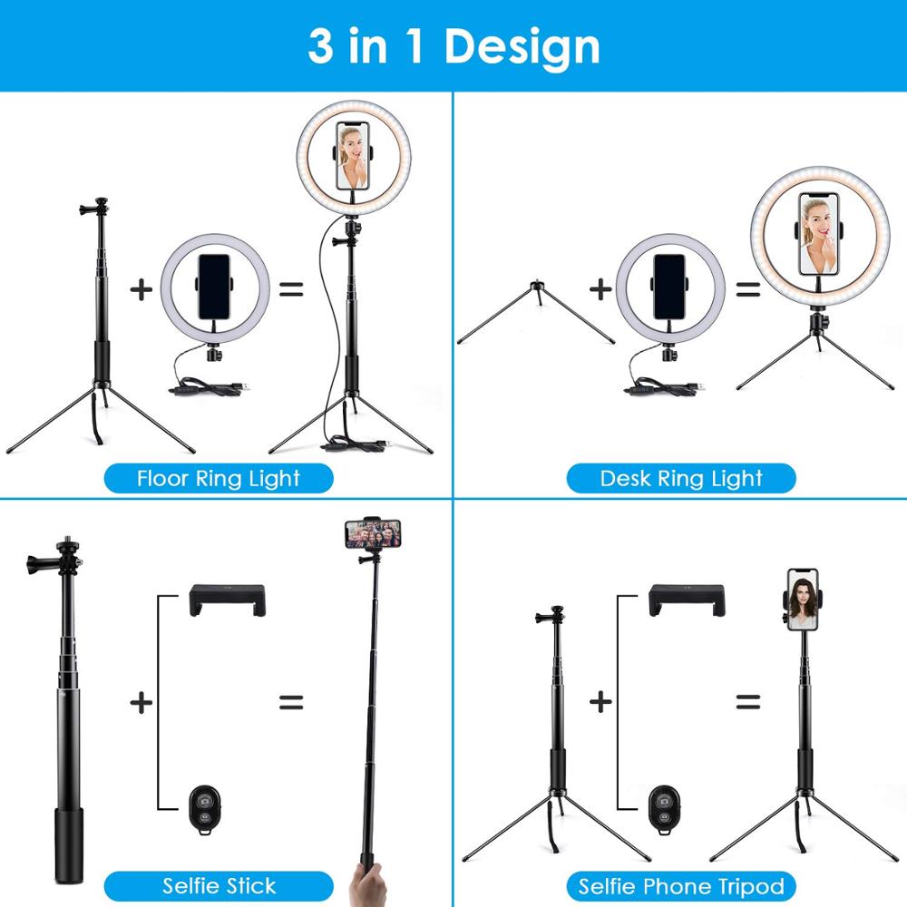 LED Selfie Ring Light with Selfie Stick 10inch Camera Phone 26CM Ring Lamp With Stand Tripod For Makeup Video Live Studio