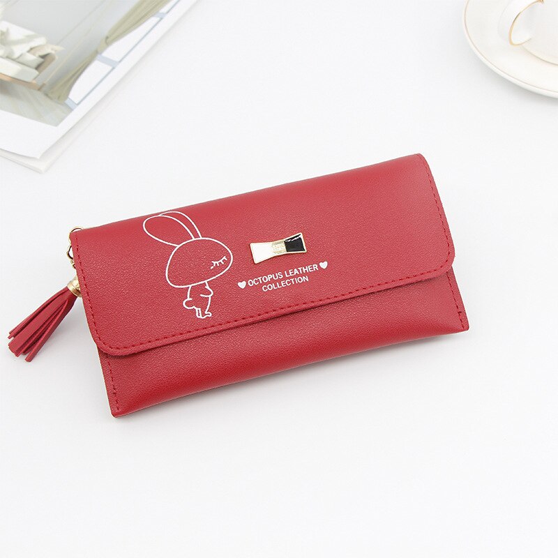 Carteira feminina longa carteira feminina bolsas borla moeda bolsa titular do cartão carteiras feminino couro do plutônio bolsa de dinheiro embreagem carteira de couro do plutônio: Red