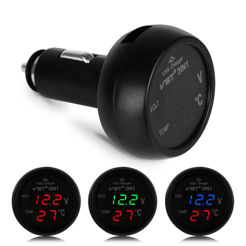 Universele 3in1 Auto 12 v Digitale LED Voltmeter Gauge + Thermometer + USB Oplader 2.1A