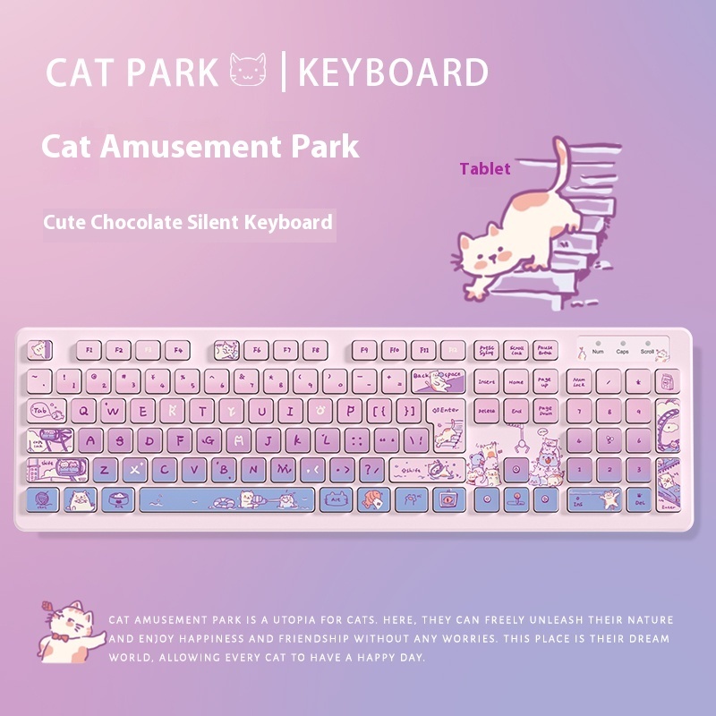 Cat K190 Membrane Keyboard 104 Keys Wireless Bluetooth Wired Silent Waterproof Cute Cartoon Theme Female Office High Aesthetics
