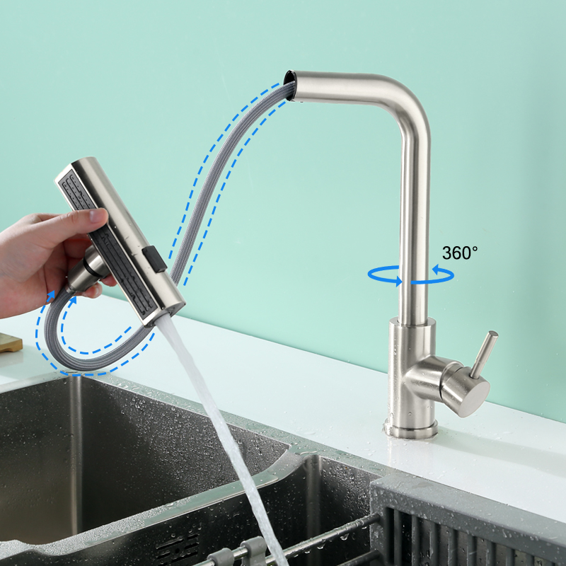 Baokemo stainless steel pull down water tap Single Handle sink three-in-one And Cold kitchen faucet