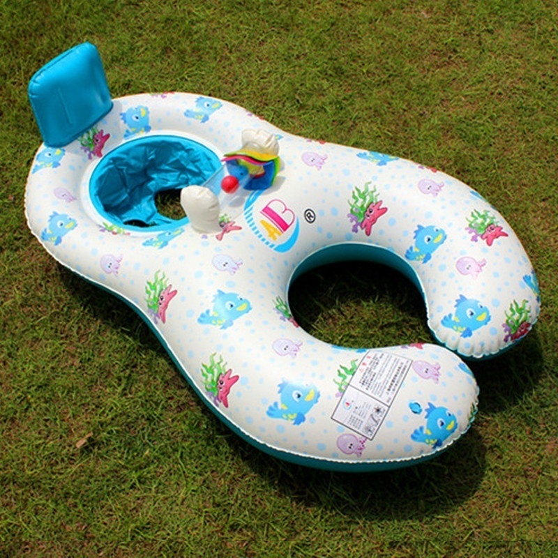 Inflatable Baby Swimming Ring Mommy Baby Parent-Child Double Person Float Seat Swimming Boat with Removeable Sun Canopy: White no sunshade