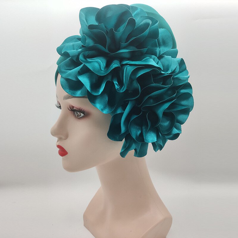 Women&#39;s Already Made Headties Damsak Aso Oke Auto Gele Turban African Hat with Flower Moslin Robe Hijab Cap Muslim Inner: Green