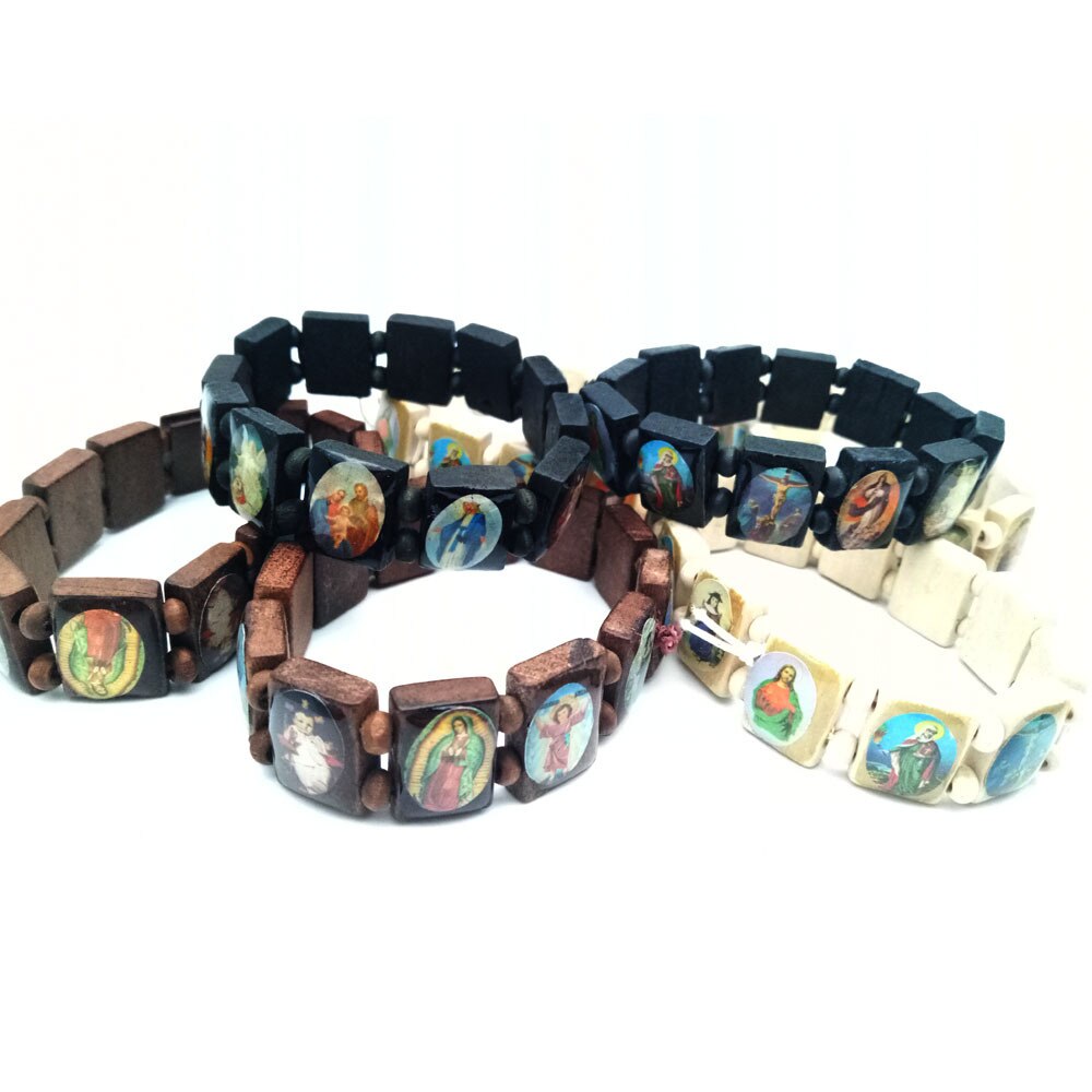 Pulseras iconos religiosos de madera de los santos y Jesús, Unisex, de madera, Paryer, Charm Jewelry para hombre,