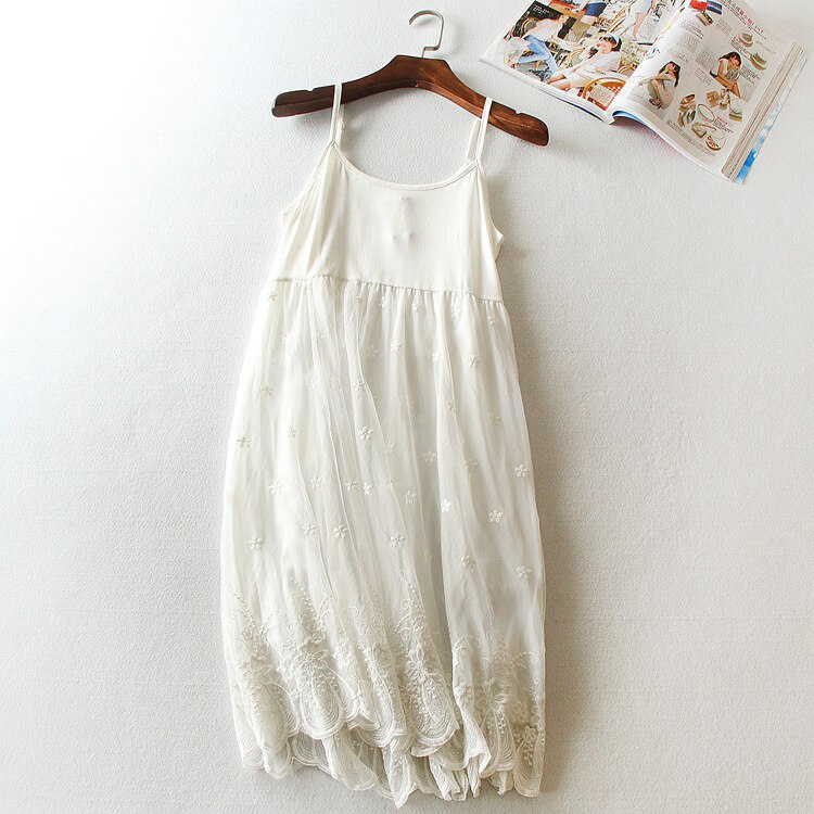 Little flowers embroidery modal cotton lace basic spagehtti strap long slip loose gauze petticoat