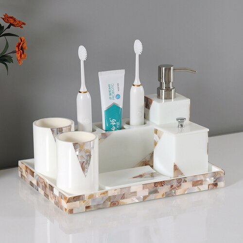 Coquille Résine Salle De Bains Ensemble Rince-bouche Tasse Lotion Bouteille Brosse À Dents Porte-Savon Porte-Boîte à Mouchoirs Aromathérapie Bouteille Boîte De Coton-Tige