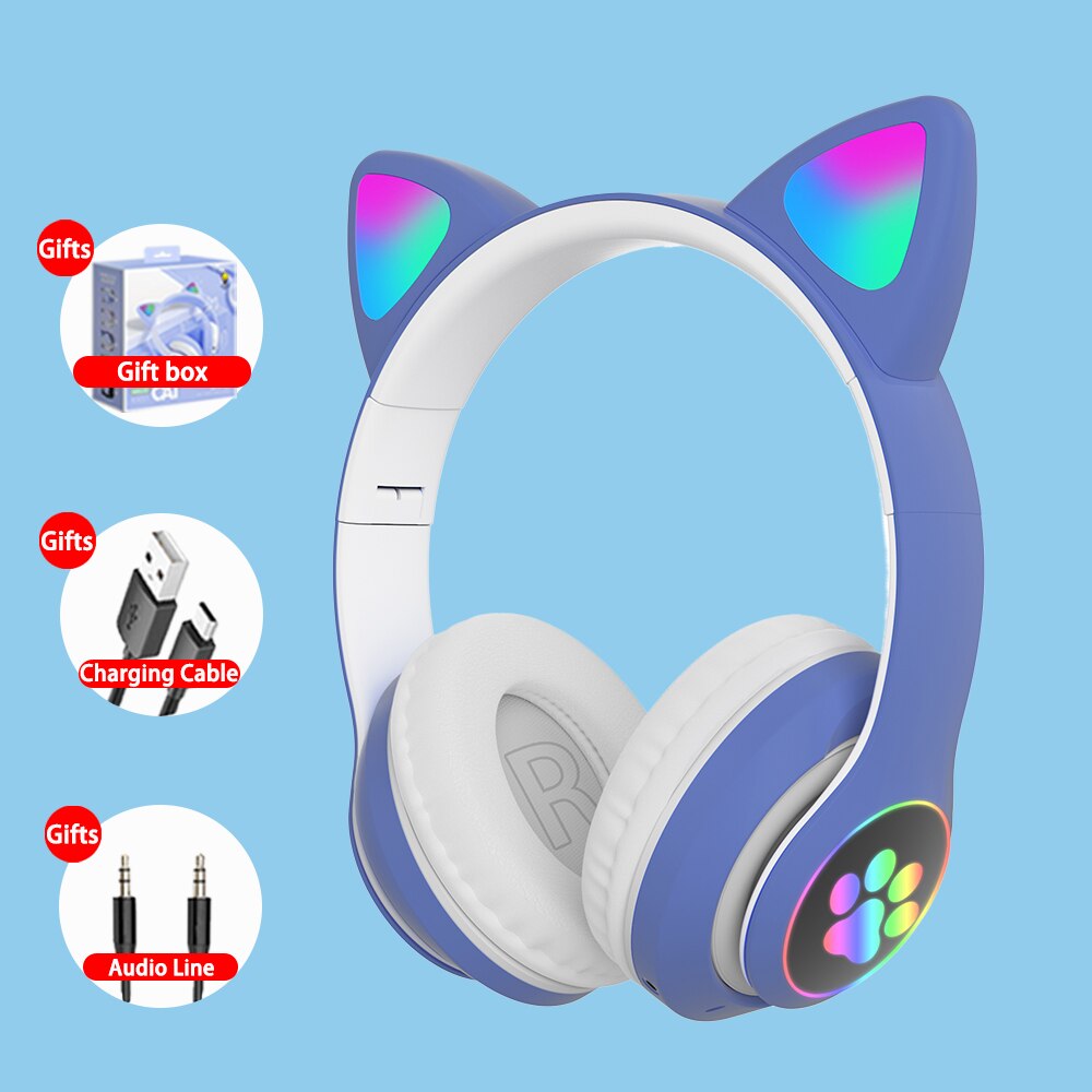 Cat Ears Cute Wireless Helmets Bluetooth Headphone Big Wireless bluetooth Headset LED Kid Girl Helmet Phone Headset Earbud: Blue  Headsets