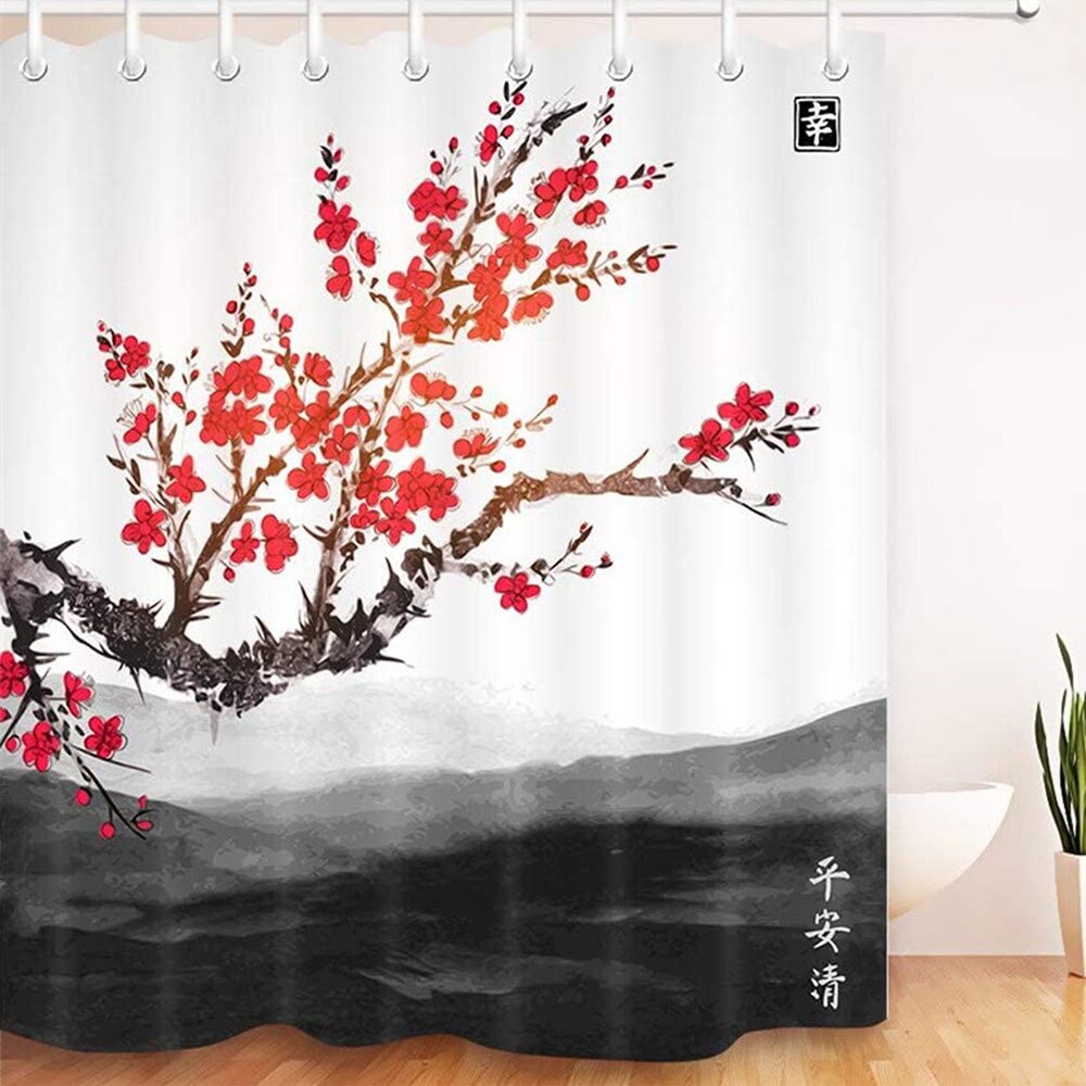 Tenda da doccia giapponese ciliegia rossa impermeabile antimuffa tenda da bagno Sakura Tree inchiostro stile pittura con ganci decorazioni per il bagno