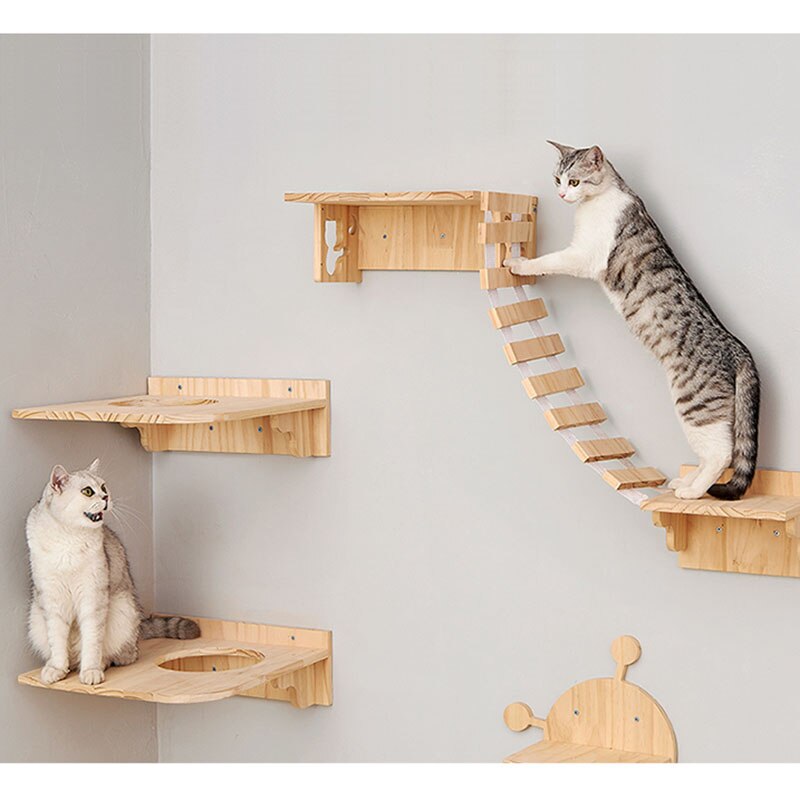 Cat Climbing Frame Solid Wood Cat Tree Wall-mounted Playing Jumping Platform Ladder Cat Litter Toys Scratching Post Pet Supplies