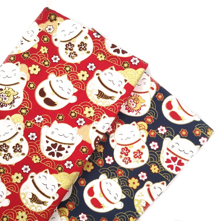 Marineblå rød lykkekat bomuld bronzing stof, forskåret systof patchworks quilting diy japansk stof