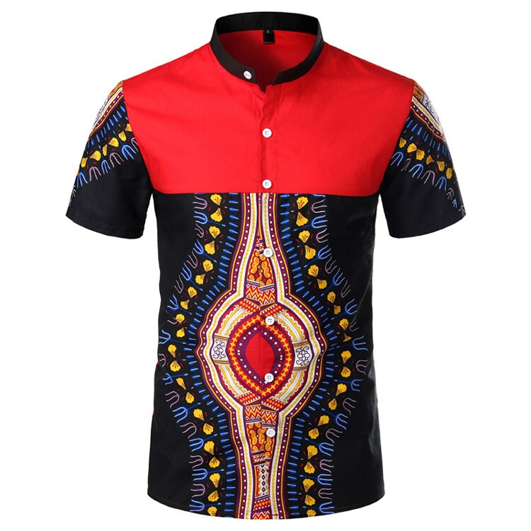 Heren afrikaans dashiki overhemd met opstaande kraag en korte mouwen, heren tribal folk top, 100%  katoenen heren afrika kleding, camisa chemise, s-xxl: Zwart lichaam / Vs xl