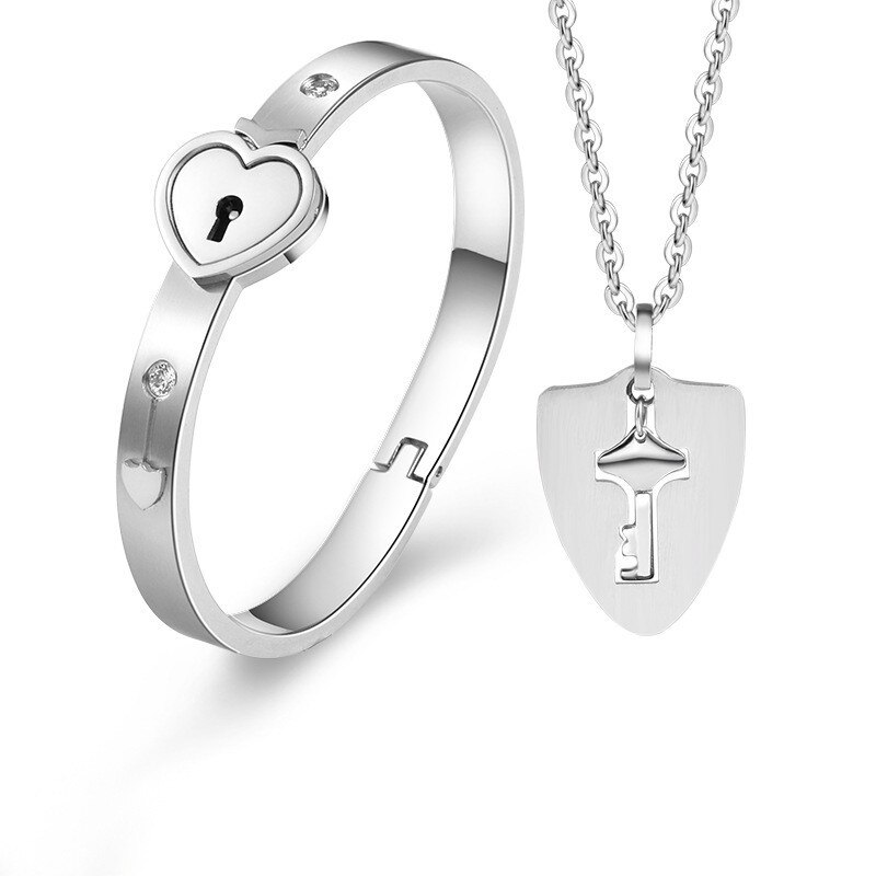 Concentric Lock Key Titanium Steel Stainless Steel Jewelry Bracelet Necklace Couple Sets Off season Discount: DY