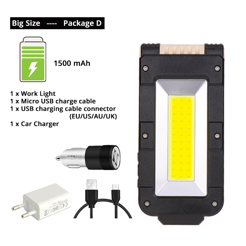 Luz de trabajo COB recargable USB linterna LED portátil Ajuste de 180 grados inferior con magnético adecuado para acampar: Big Size-Package D