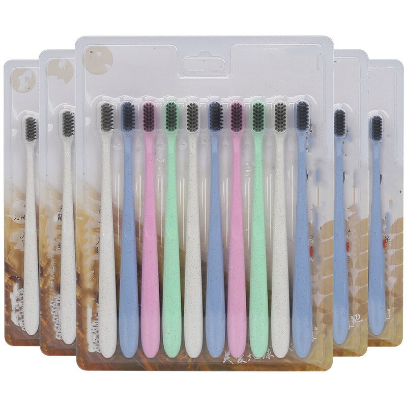 10 Stks/set Draagbare Reizen Tandenborstel Zachte Bamboe Tarwesteel Handvat Oral Care Nano-Antibacteriële Familie Set Tandenborstel