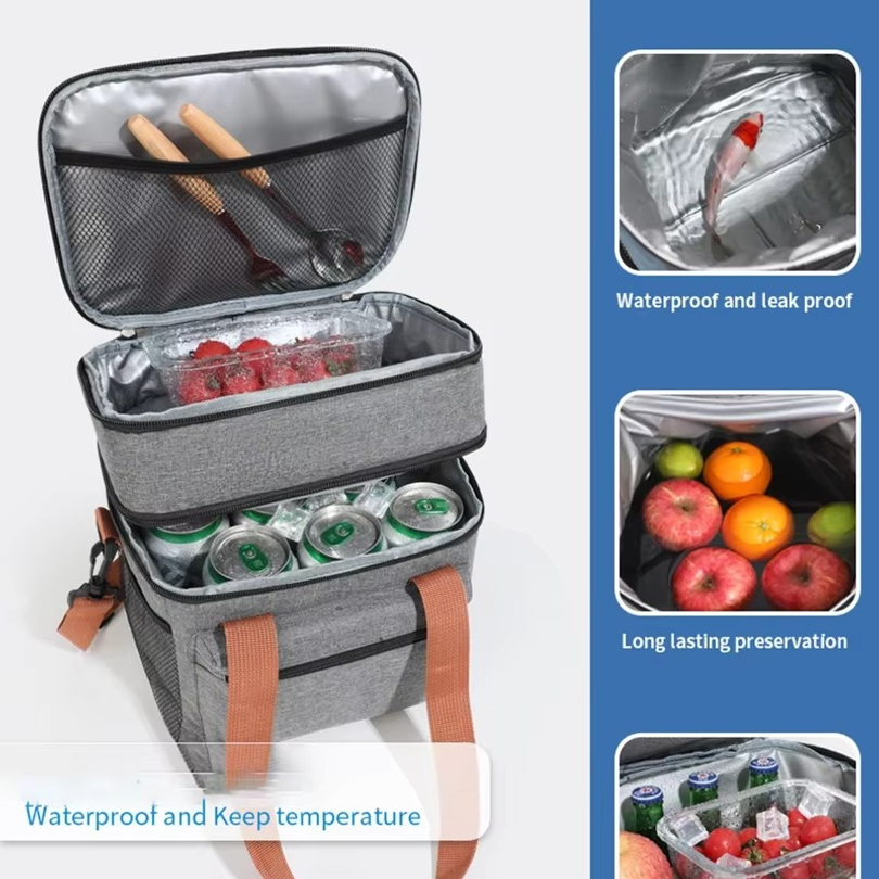 Thermal Lunch Bag Double Layers Large Capacity Lunch Boxes Bags Portable Crossbody Picnic Food Drink Storage Bag Cooler Tote
