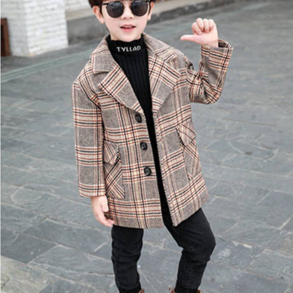 Herfst Winter Wollen Jassen Jas Kids Jongens Bovenkleding Casual Warm Turn-Down Kraag Tiener Kinderen Plaid Jassen Voor 3-12 Jongen: 102 / 12