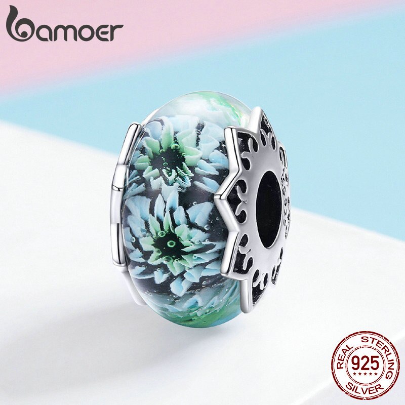 BAMOER 100% 925 argent Sterling chrysanthème fleur perles de verre européennes ajustement Bracelets porte-bonheur colliers bijoux SCC1011