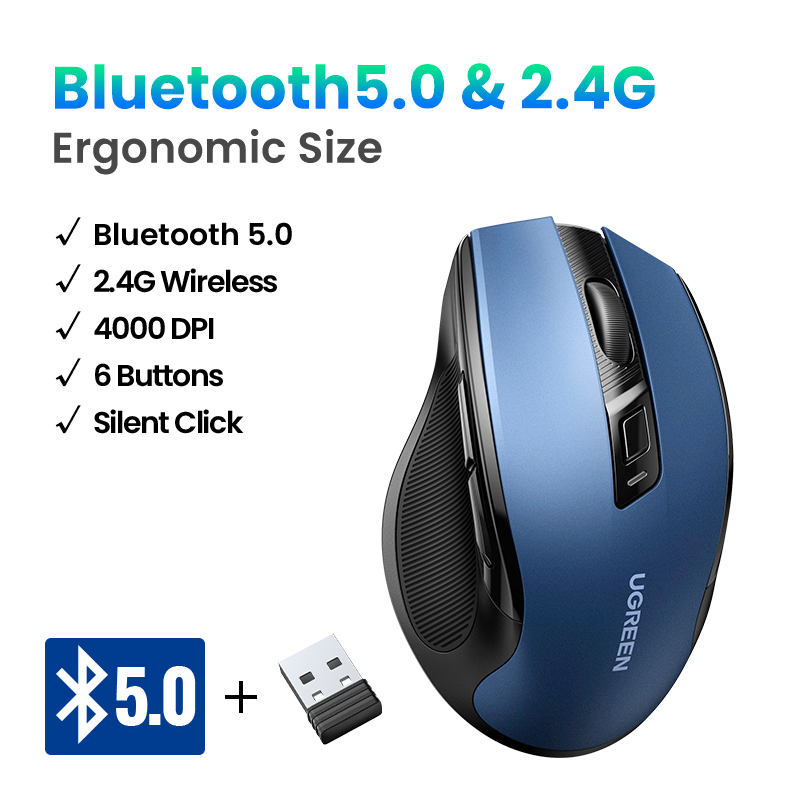 Mysz bezprzewodowa UGREEN mysz Bluetooth 5.0 ergonomiczna 4000 DPI cicha 6 przycisków dla tabletu MacBook mysz do laptopa cicha mysz 2.4G: Niebieski