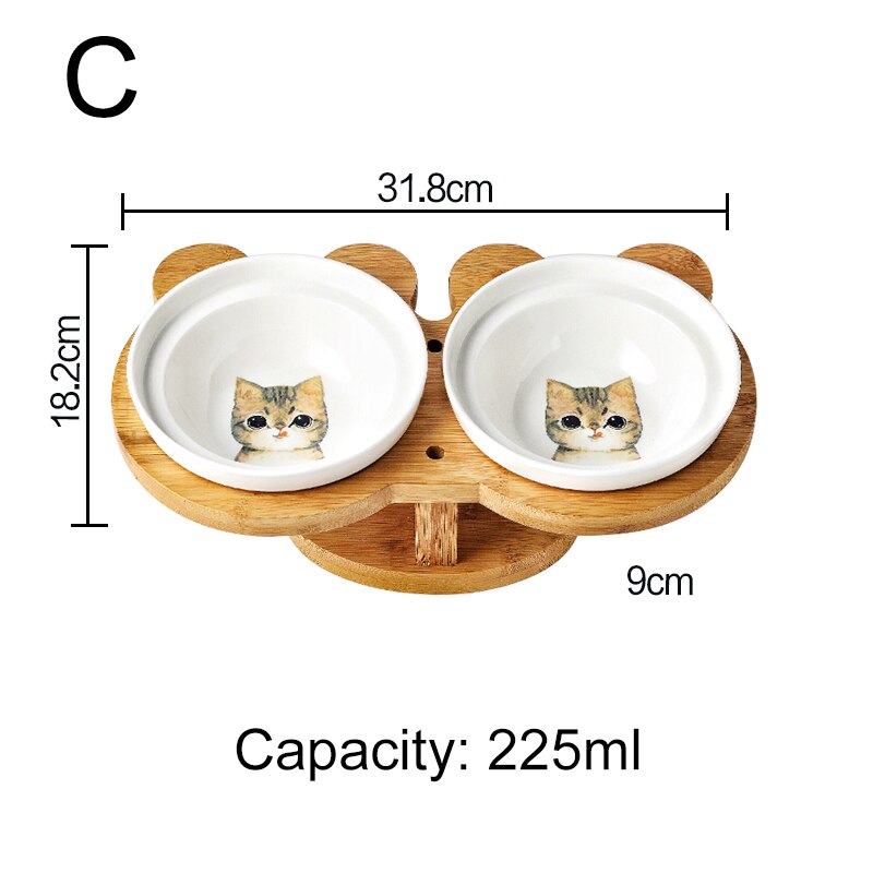Japanse dubbele voerbak voor honden, bamboe, hout, roestvrij staal, keramiek, hondenvoer, water, veilig, eenvoudig te reinigen, voerbak voor katten en honden: C