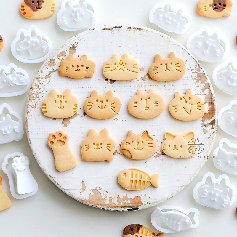 Juego de sellos y cortadores de galletas con forma de gato y pez de dibujos animados, moldes en relieve para galletas con forma de pata de gato, herramientas de decoración de pasteles y Fondant