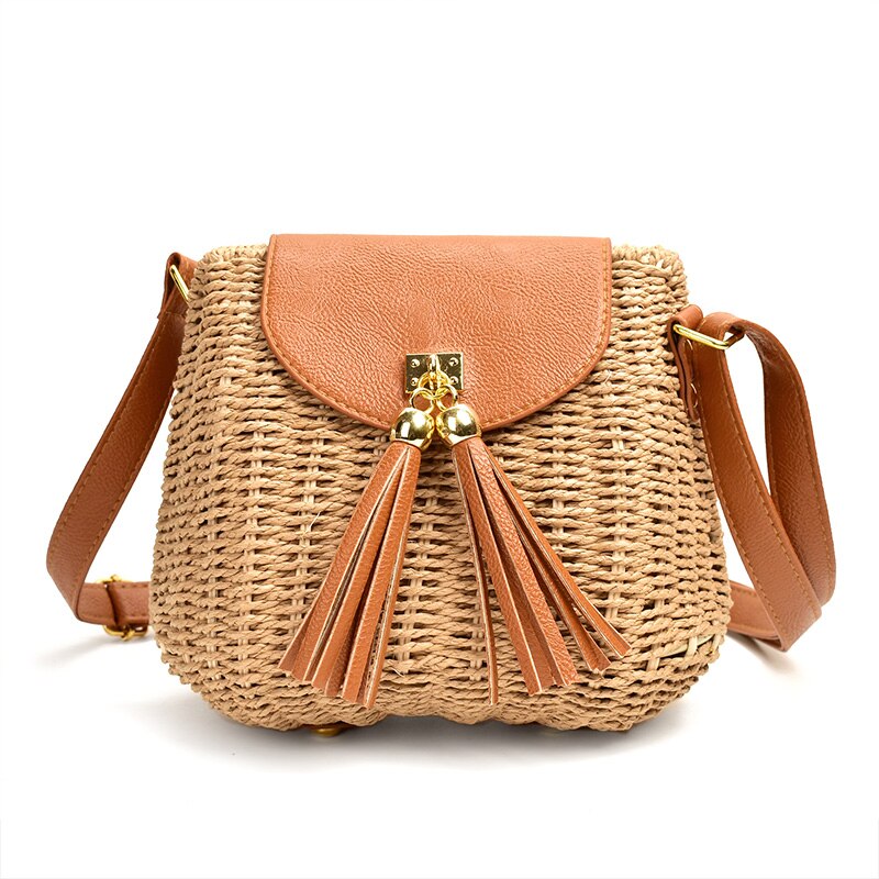 Bolso de playa de paja tejido, duradero para mujer, con borla, correa de cuero, bolso tejido hecho a mano, bolso de concha, bandolera para mujer: brown