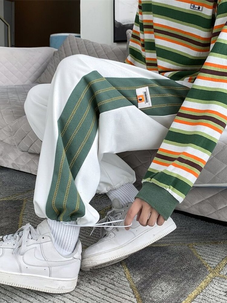 Hip Hop Baggy Broek Hong Kong Stijl Sport Casual Broek Unisex Preppy Stiksels Straight Leg Harembroek High Street Joggers: Xxl / White