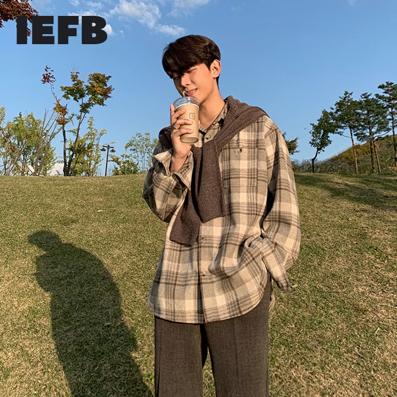 IEFB Plaid Shirt Men's Spring Long Sleeve Trend Loose Casual Korean Blouse For Male Loose Tide Tops 9Y5264