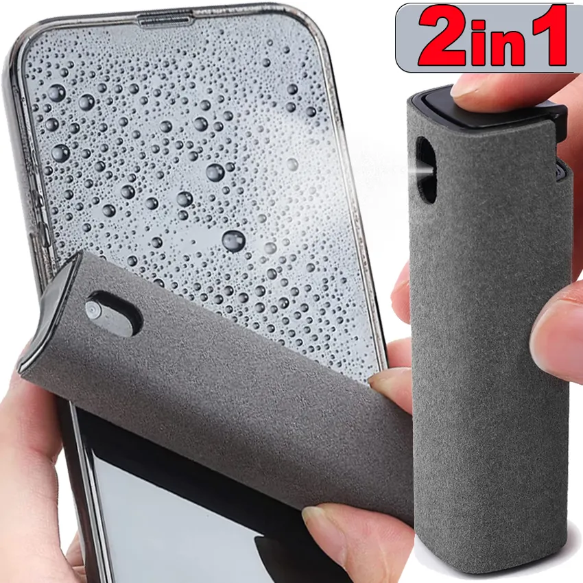 Limpiador de pantalla de microfibra 2 en 1, botella pulverizadora para teléfono móvil, Ipad, ordenador, paño de microfibra, toallitas para limpieza de gafas de Iphone