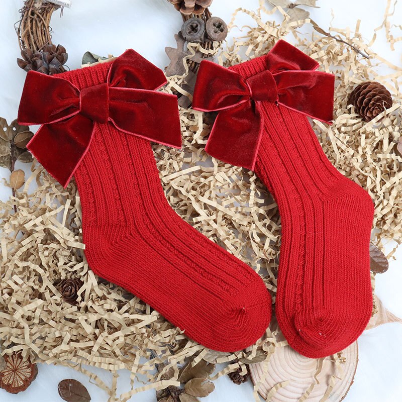 Calzini natalizi per bambina calzini per bambini in cotone con fiocco grande calzino alto scaldamuscoli in lana solida calzini lunghi morbidi per bambini