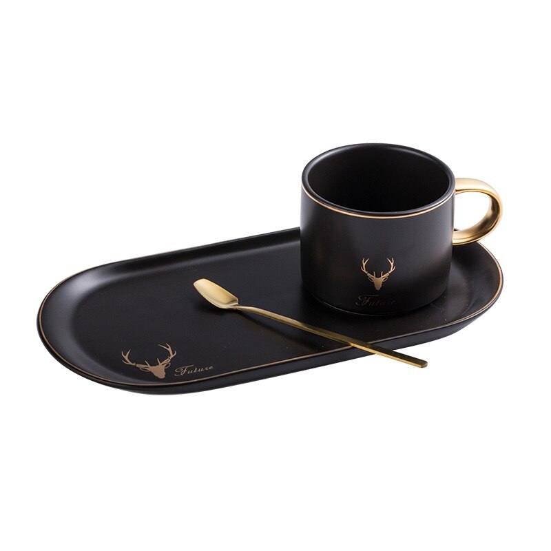 Europese Luxe Gouden Rand Keramiek Koffie Kopjes En Schoteltjes Lepel Sets Met Geschenkdoos Thee Sojamelk Ontbijt Mokken Dessert plaat: BLACK