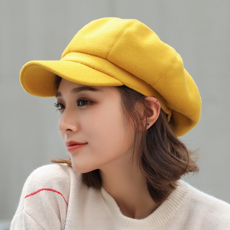 Newsboy Caps for Women Gatsby Cap Woolen Octagonal Baker Peaked Beret Driving Hat Female Sunscreen Hats Painter Tour Cap: yellow