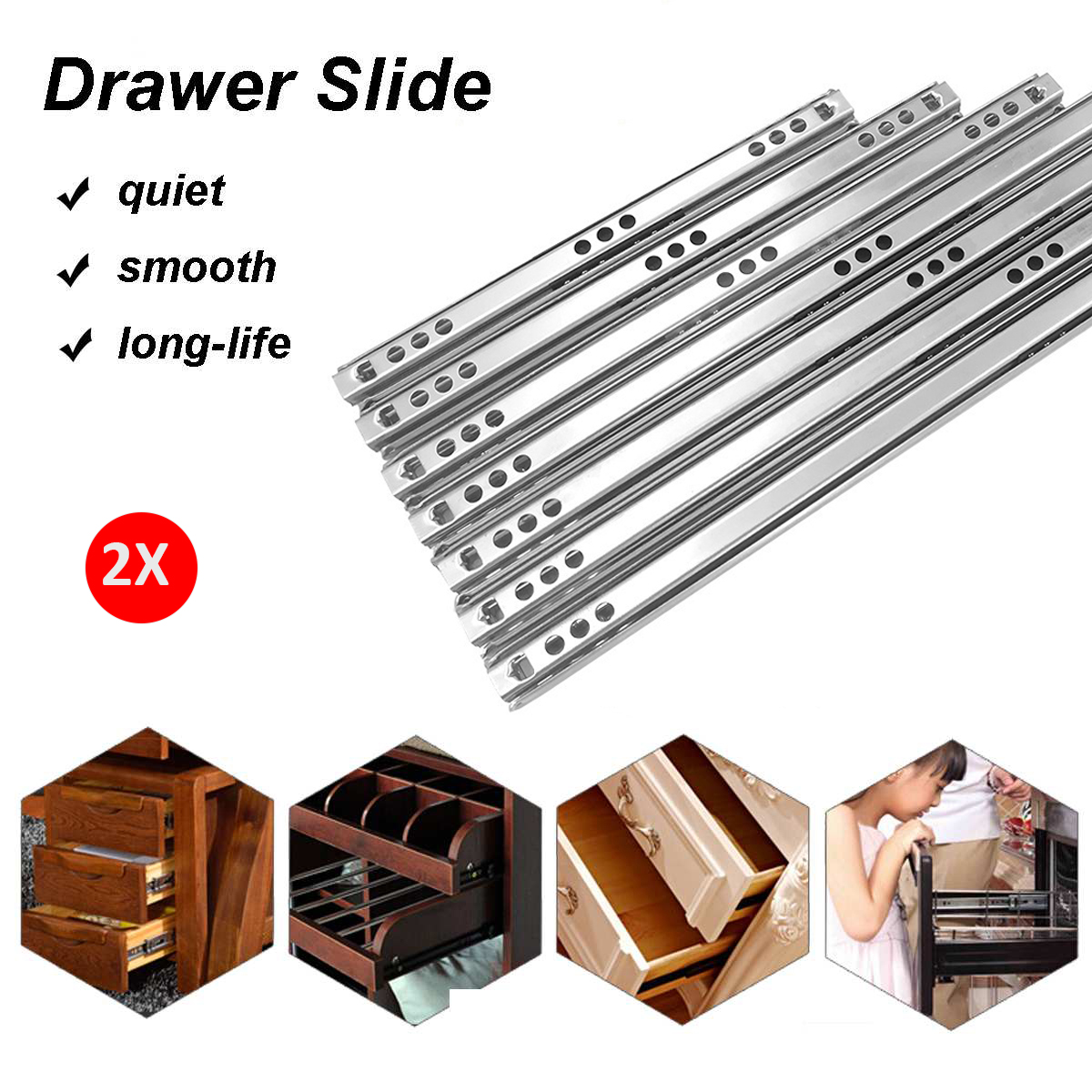 Runner Ball Bearing Drawer Cabinet Runner Guides Groove Slide Rail Steel DIY 1 Pair Guide Drawer Steel