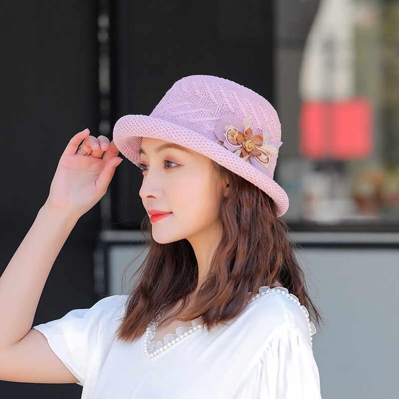 Sombreros de sol de verano para mujer y niña, sombrero de playa con flores, informal, de paja, domo plano, gorra de lavabo, hueso femenino,