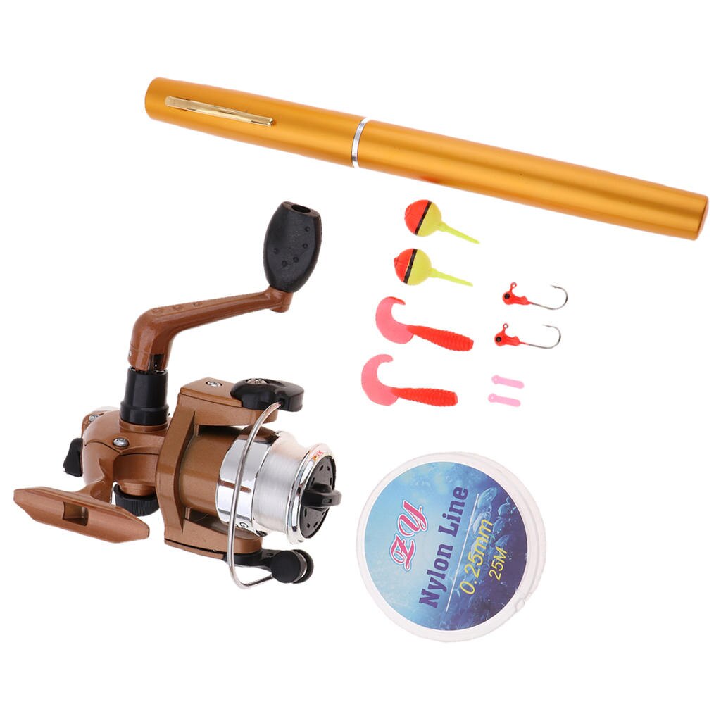 Minicabezal de pesca portátil, herramienta de aparejos de pesca, tamaño bolígrafo, carrete, línea, gancho, conjunto de cebo