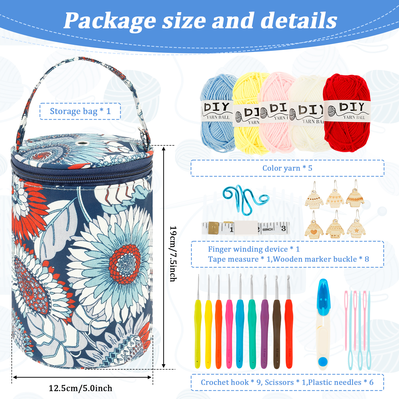 Kit de ganchillo de 32 Uds., Kit de inicio de tejido eficiente con gancho de ganchillo, bolsa de aguja, juego completo de ganchos de ganchillo para principiantes