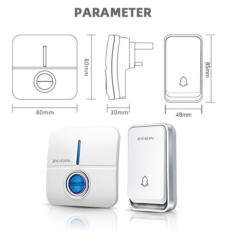 ZOGIN Wireless Doorbell Led Light with 51 Chime Waterproof Push Button Receivers 150M Long Range for Home Security Eu Plug