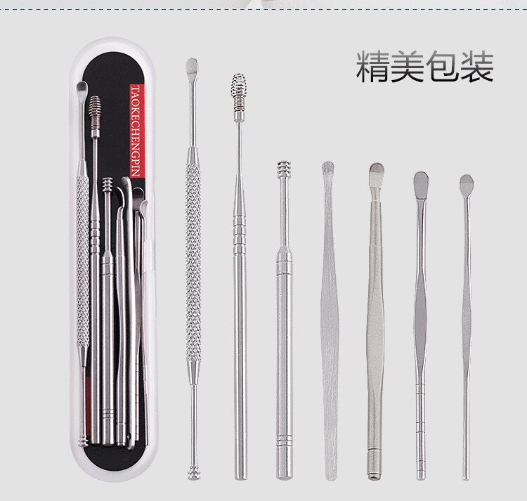 7 st/set bärbar öronpetare i rostfritt stål rengöringsverktyg öronvård säkerhet gräva öronrengöringsanordning öron sked lätt hållbar