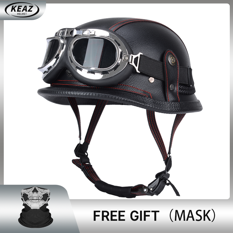 Casque demi-visage en cuir de Style allemand pour moto, prix d'usine, Cap1/2 approuvé par le DOT, casques + lunettes à visage ouvert