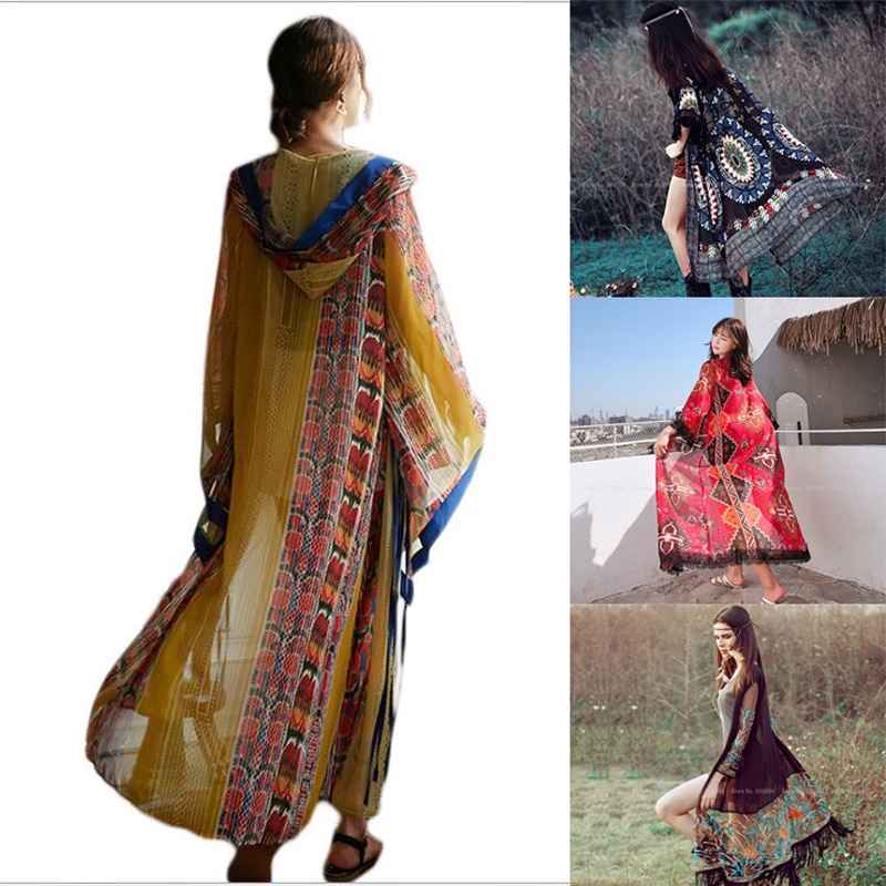 Kinesisk stil seaside thai cardigan sommer strandkåper tilfeldig kvinner india bohemprint jakker cardigan afrika klær