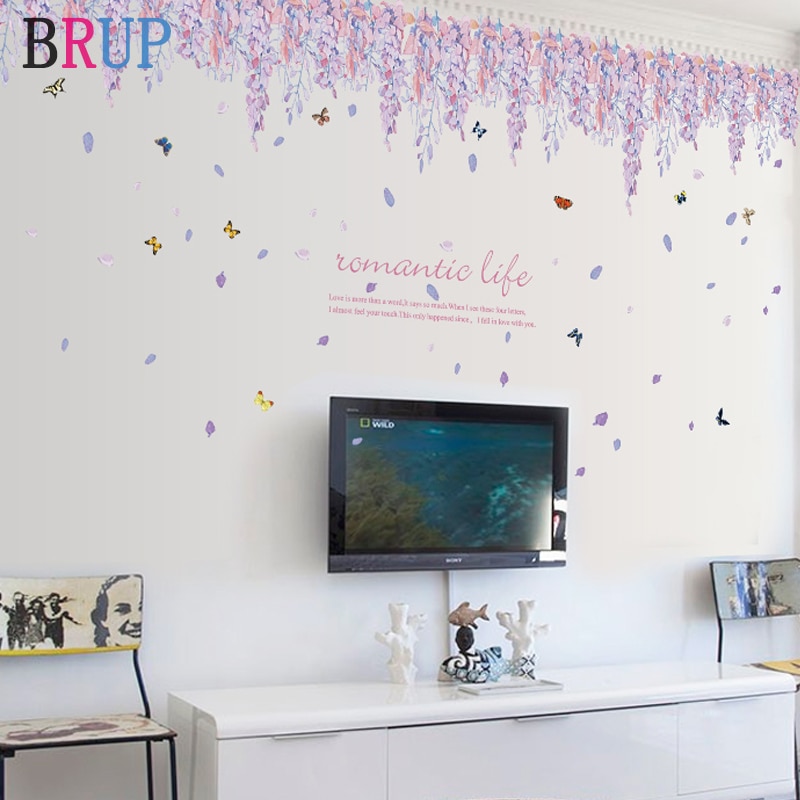 Romantische Blauweregen Rose Plint Muur Sticker Mode Paarse Bloem Home Decor voor Slaapkamer Woonkamer Creatieve Huis Decoratie