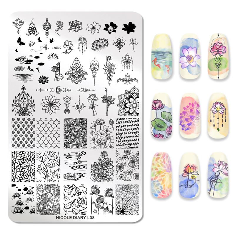 Nicole Dagboek 14.5*9.5 Cm Nail Stempelen Platen Bloemen Lotusblad Afbeeldingsstempel Sjablonen Art Stencil Diy Gereedschap