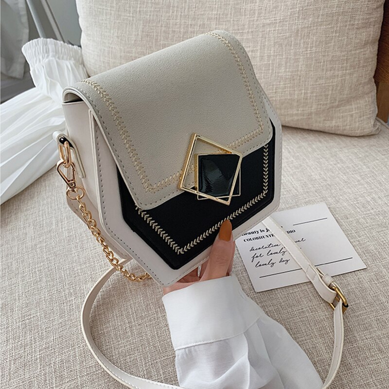 Hexagon multifunctionele pu leren handtas dames zomer crossbody tas mini ketting schoudertas slot messenger portemonnee: Beige