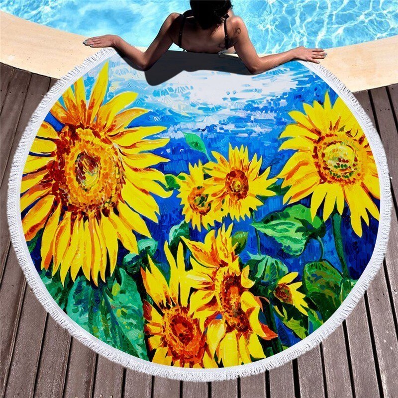 Sunflower Microfiber Round Beach Towel Thick Shower Bath Towels Circle Swim Mat With Tassel Toalla De Playa Serviette De Plage