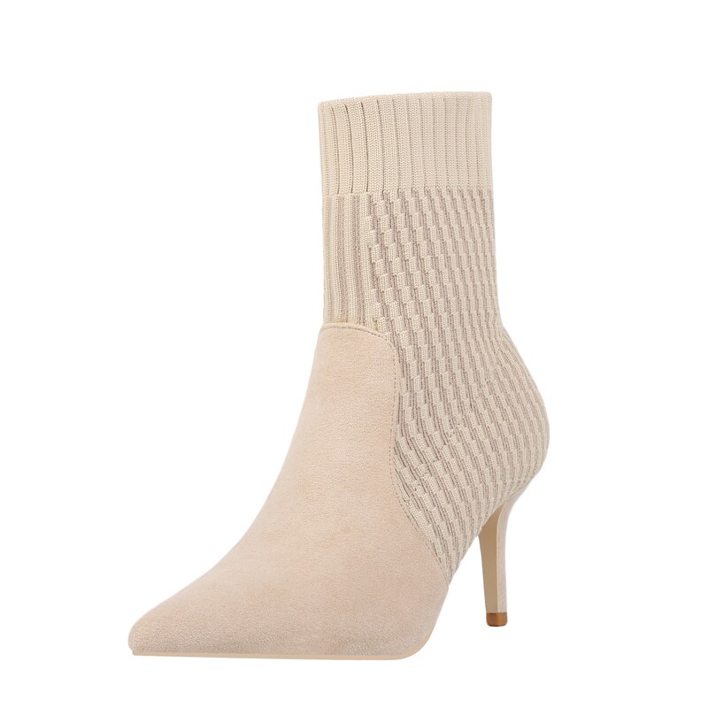 Vrouwen Laarzen Wees Teen Garen Elastische 7Cm Dunne Hoge Hakken Sok Laarzen Beige Vrouwelijke Breien Enkel laarzen Big Size Schoen: Beige / 4