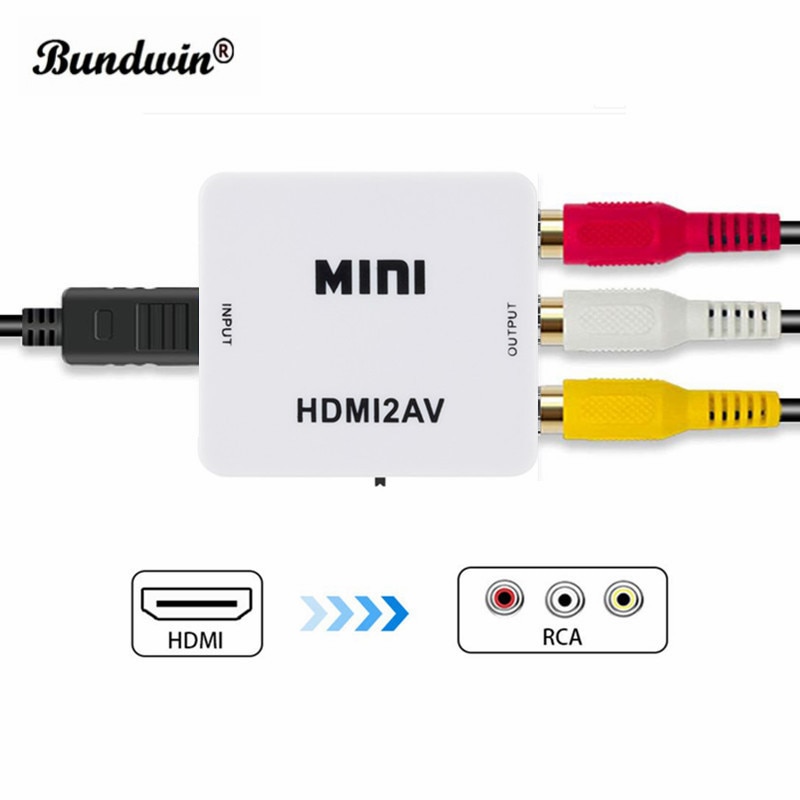 Bundwin mini hdmi till rca av/cvbs kompositvideo av omvandlaradapter hdmi 2av för tv vhs videobandspelare dvd