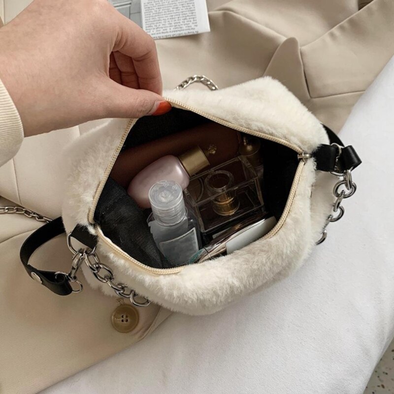 Herfst Winter Schouder Onderarm Tassen Voor Vrouwen Pluche Effen Kleur Messenger Bag Reizen Straat Keten Zakken